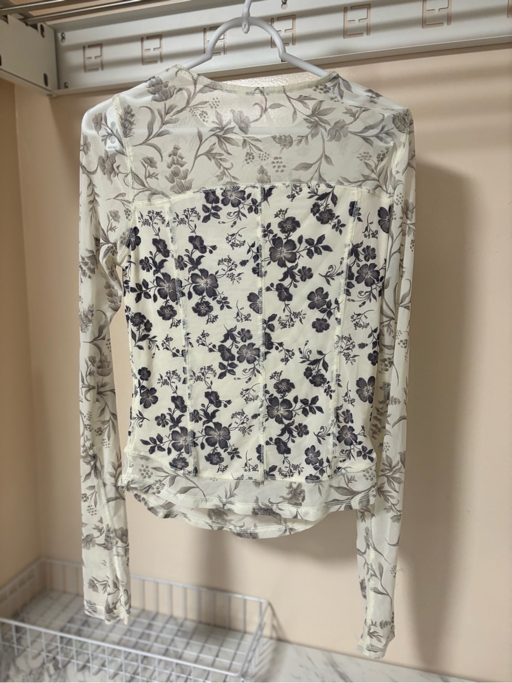 Free People Betty’s Garden Cream Long-Sleeve Floral Mesh Top with Black Print